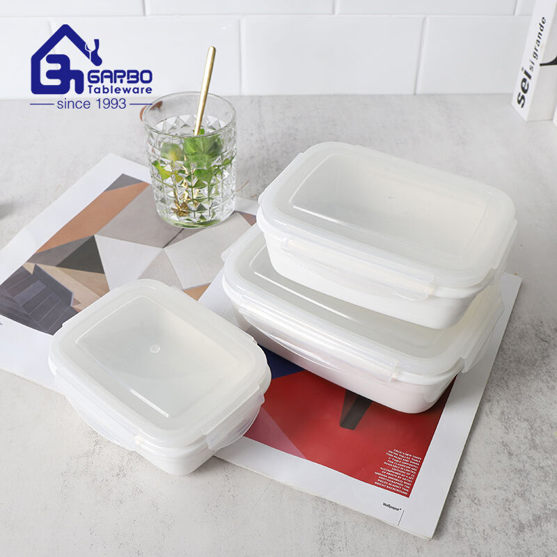 Ensemble de récipients alimentaires en porcelaine blanche transparente à impression personnalisée, boîte à déjeuner en céramique avec couvercle 3 pièces
