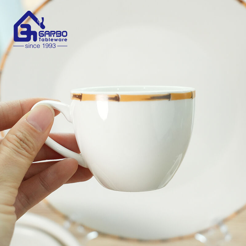 Juego de tazas de café y té de porcelana con diseño de borde de bambú de 220 ml con platillo