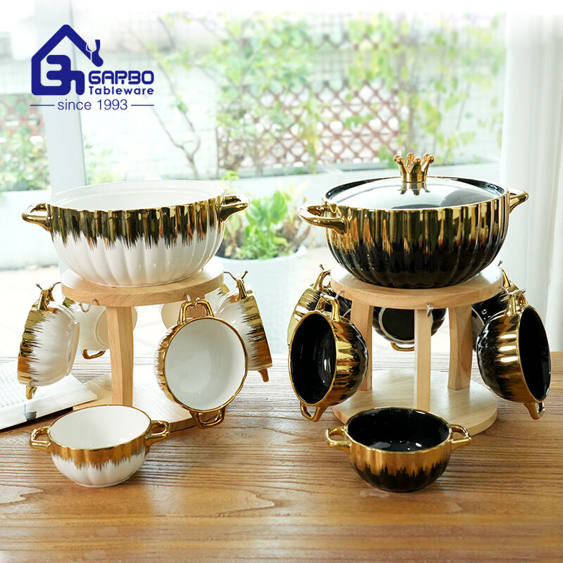Wholesale market in middle east 7pcs electroplating ceramic casserole and bowl set