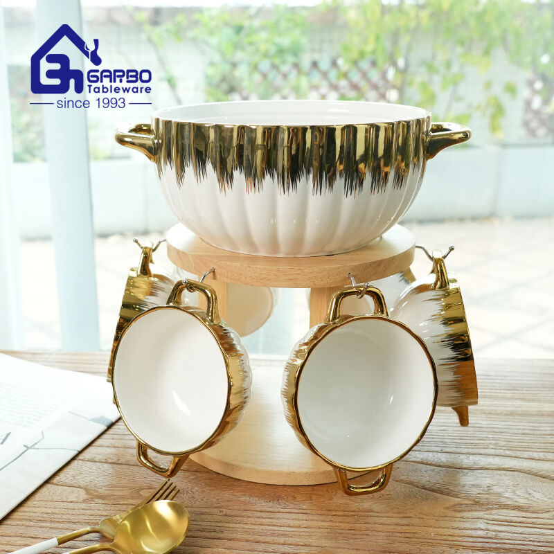 Restaurant supplier high end white gold electroplating porcelain bowl set