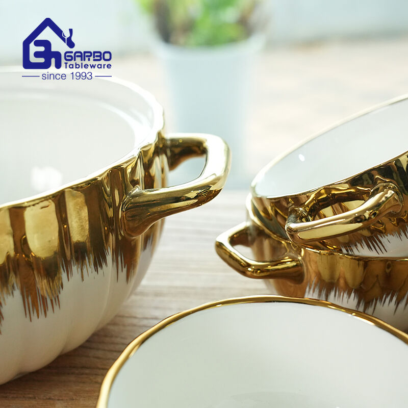 Restaurant supplier high end white gold electroplating porcelain bowl set