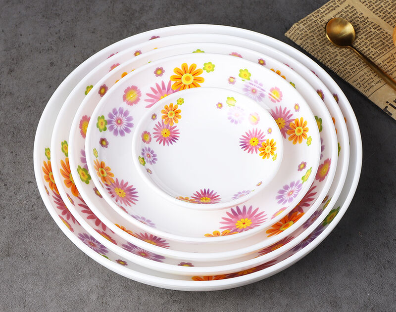 Tableware machine pressed round opal glass fruit plate 7inch with decor