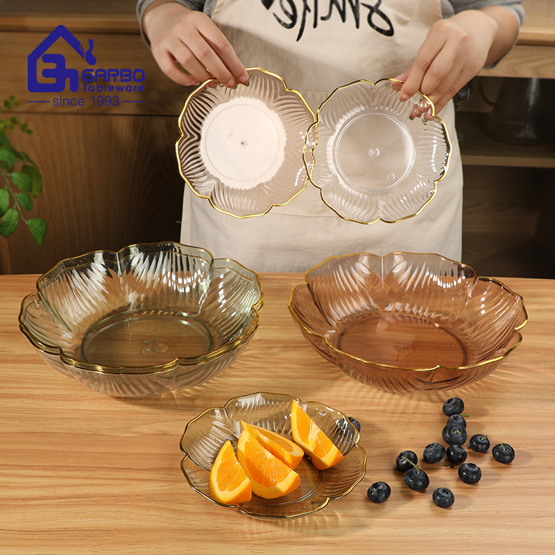 PET materia FDA safe 6.3inch fruit plate with golden rim