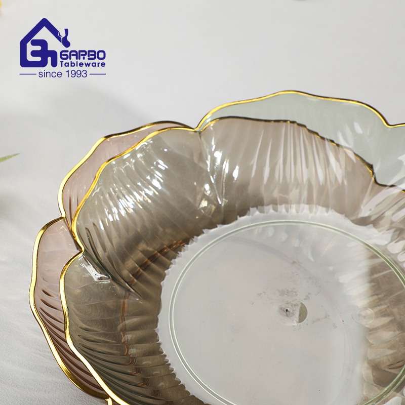 PET materia FDA safe 6.3inch fruit plate with golden rim