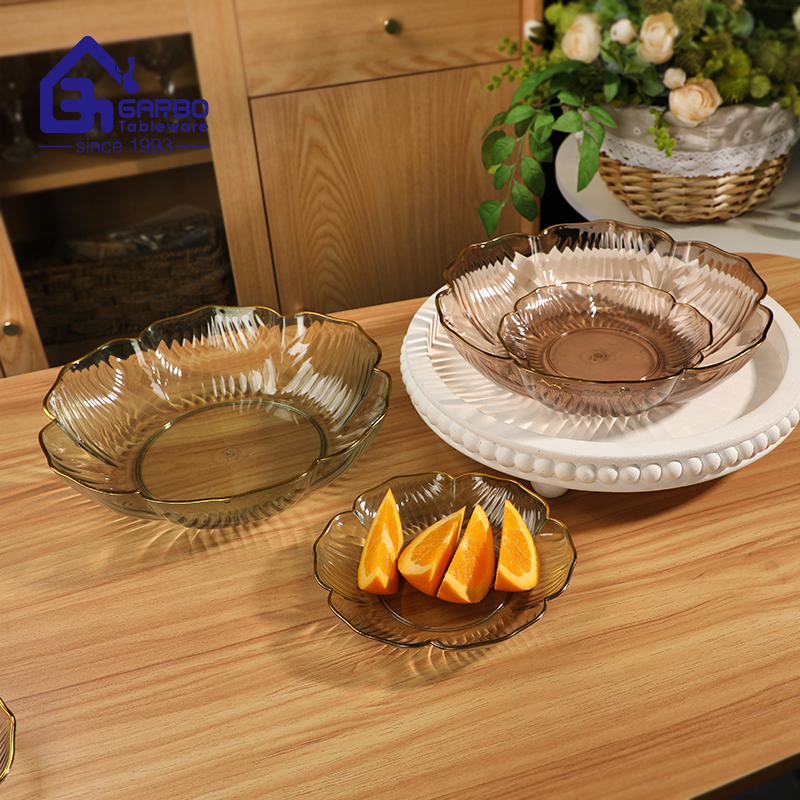 Grey colored plastic fruit plate with luxury gold rim from direct manufacturer