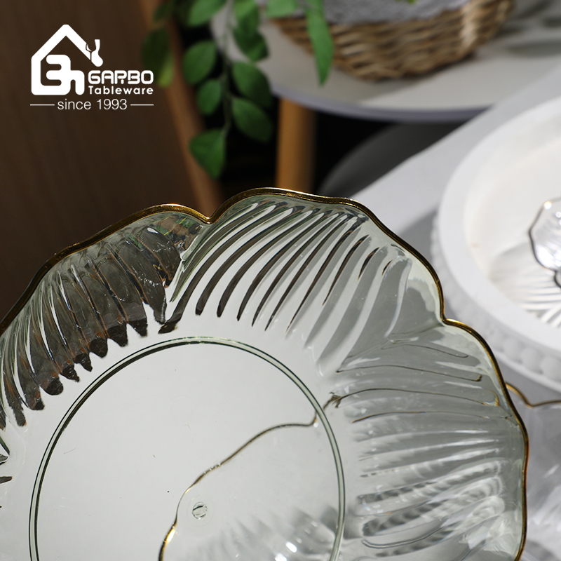 Grey colored plastic fruit plate with luxury gold rim from direct manufacturer