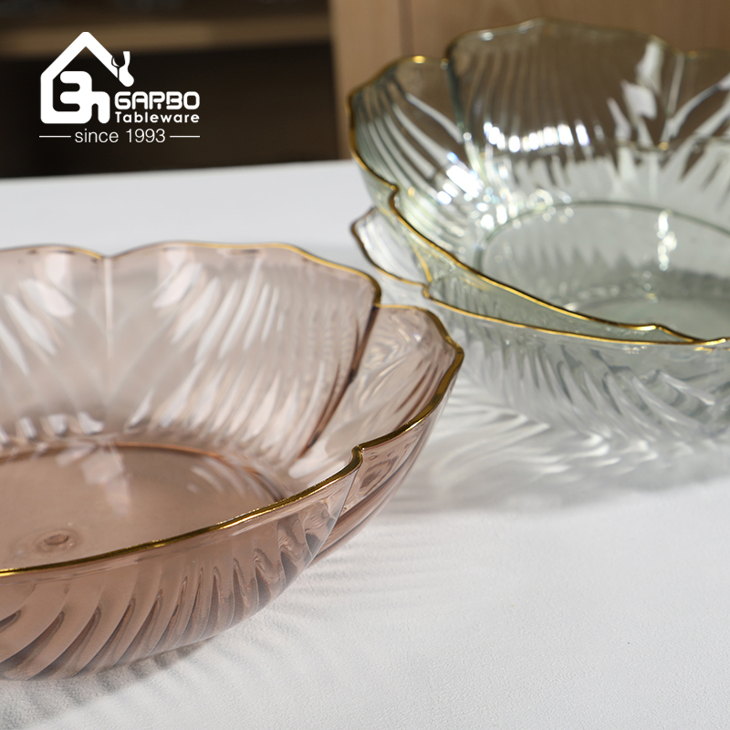 Grey colored plastic fruit plate with luxury gold rim from direct manufacturer