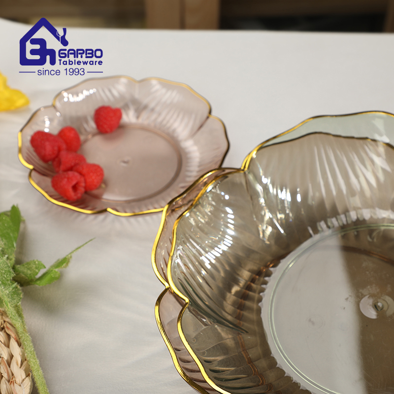 Grey colored plastic fruit plate with luxury gold rim from direct manufacturer