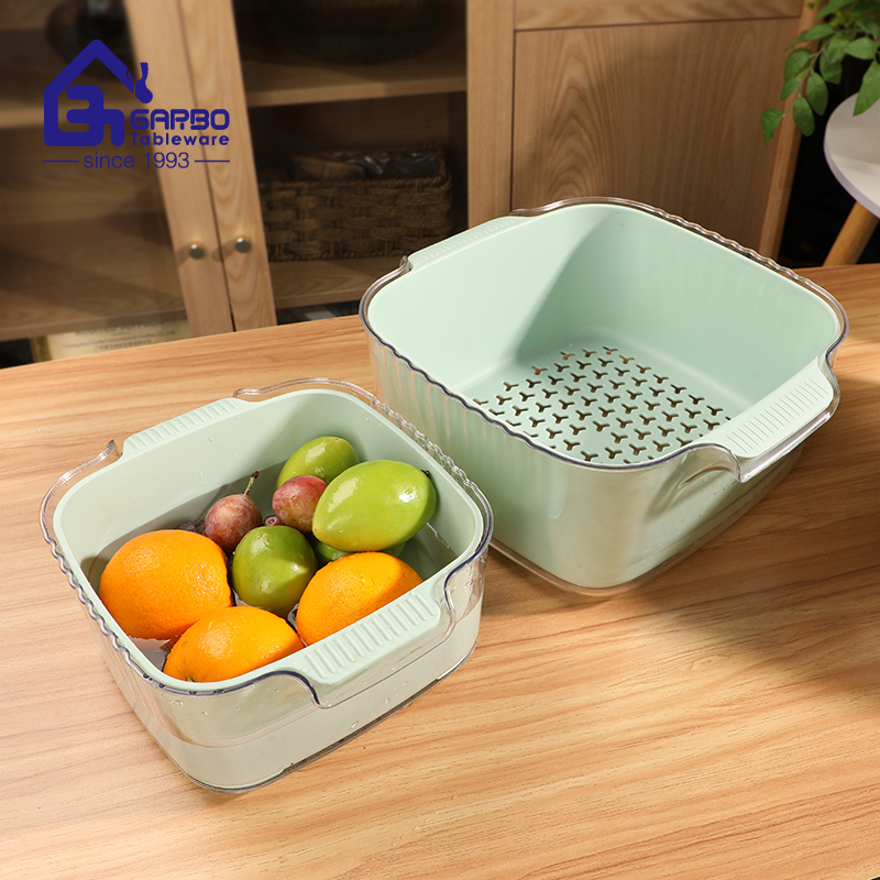 Wholesale Multifunctional Vegetable Colander Basket Nordic Green Color Double Layer Drain Basket