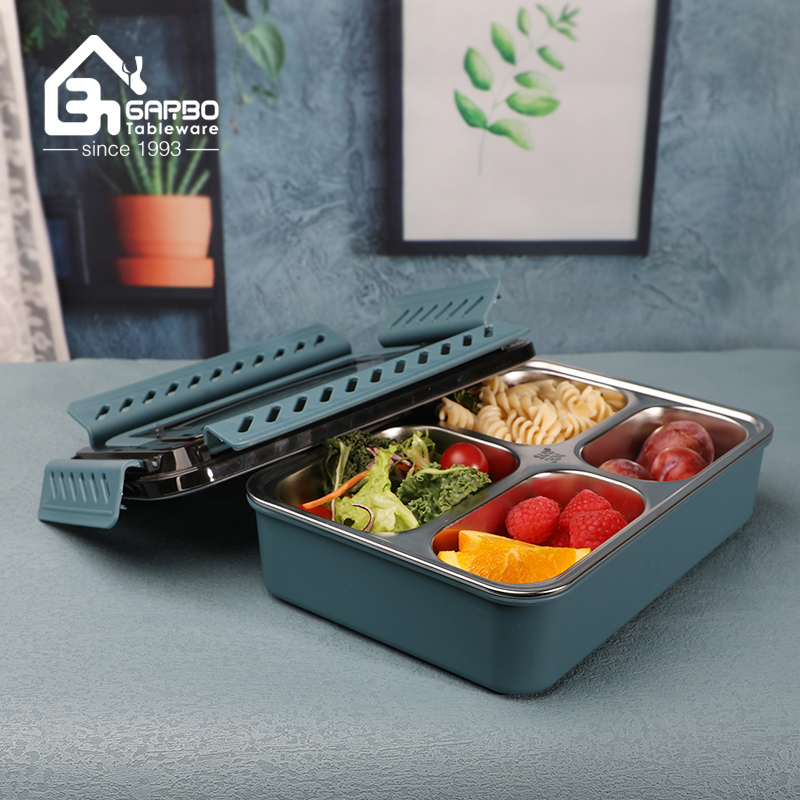 PP plastic Outside Holder Inner 304 Stainless Steel Portable Lunch Box with 5 Dividers and Chopsticks and Spoon