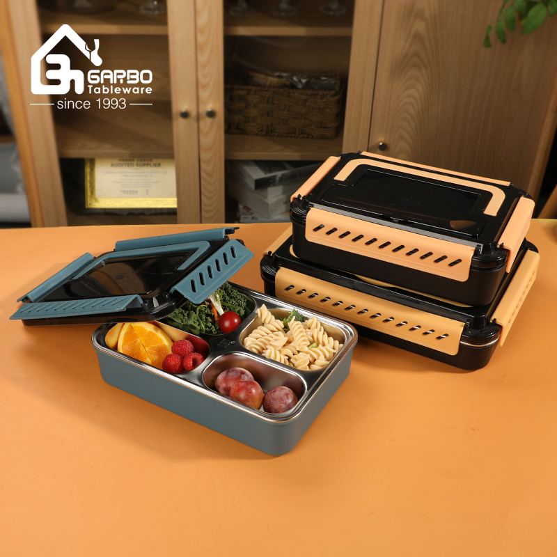 Food grade 304ss stainless steel 4 dividers food storage bento box with portable handle