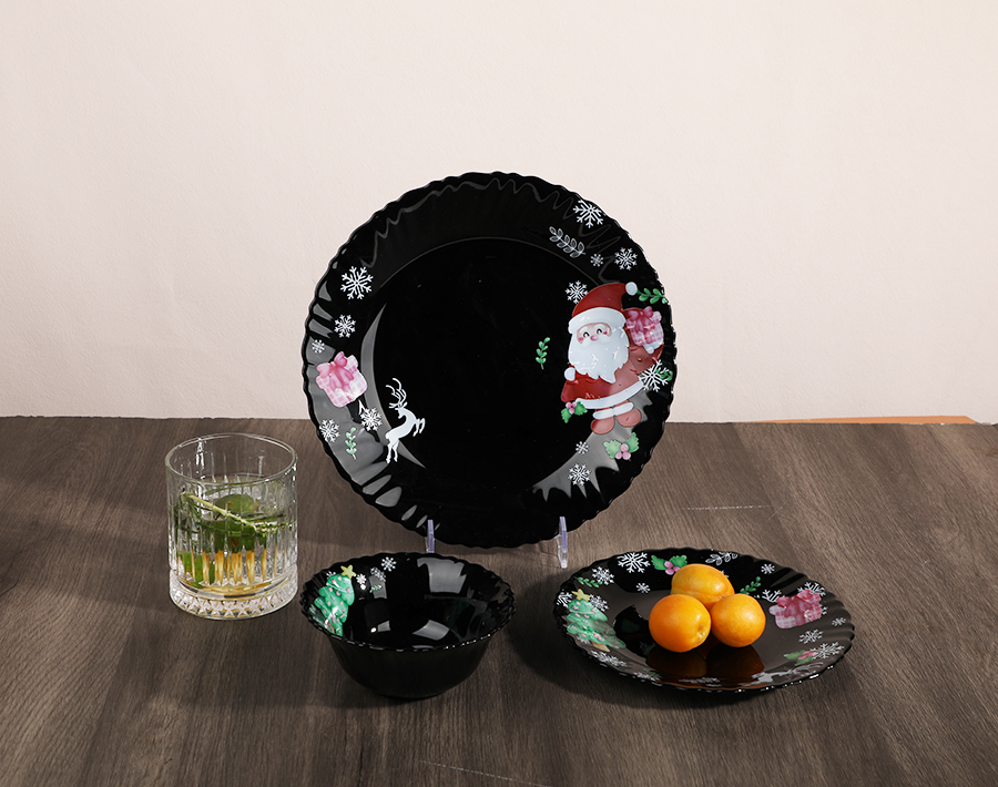 Black White Opal Glass Bowls Plates with Santa Claus Printing