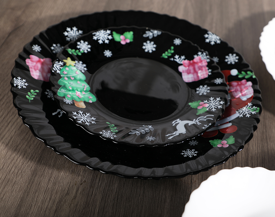 Black White Opal Glass Bowls Plates with Santa Claus Printing