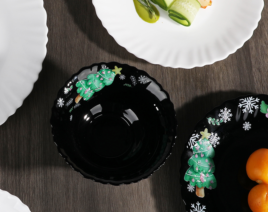 Black White Opal Glass Bowls Plates with Santa Claus Printing