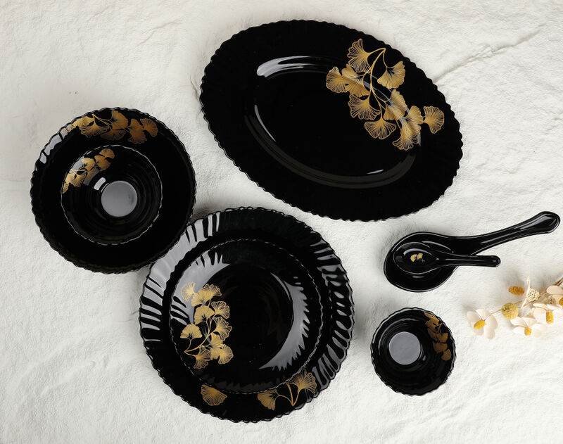 33pcs Black Opal Dinnerware Set with Ginkgo Leaf Decor
