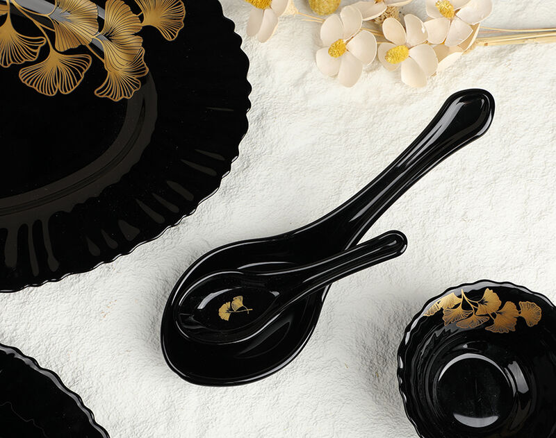 33pcs Black Opal Dinnerware Set with Ginkgo Leaf Decor