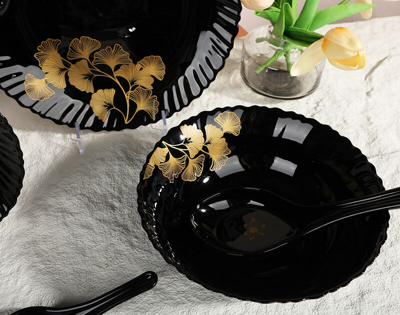 33pcs Black Opal Dinnerware Set with Ginkgo Leaf Decor