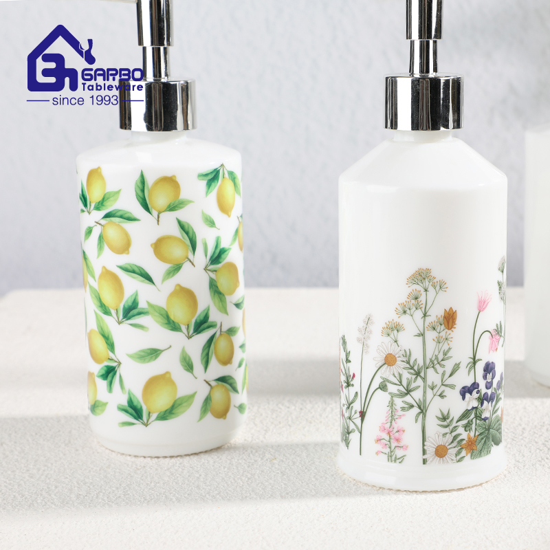 Printed Opal Glass Lotion Soap Dispenser with Silver Pump for Bathroom Countertop