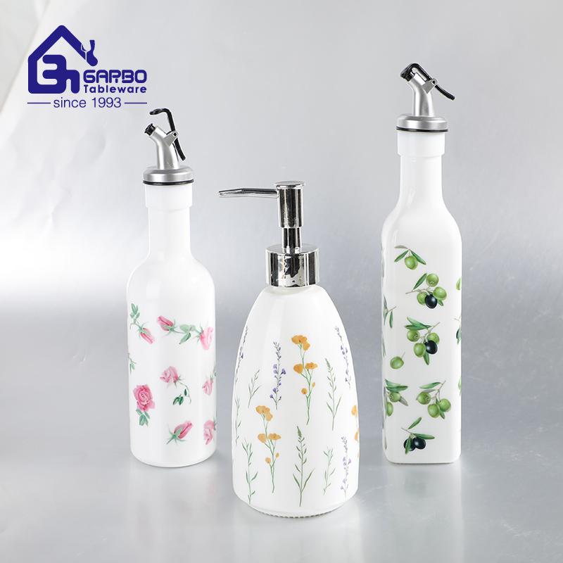 Wholesale White Opal Glass Dispenser with Floral & Olive Print