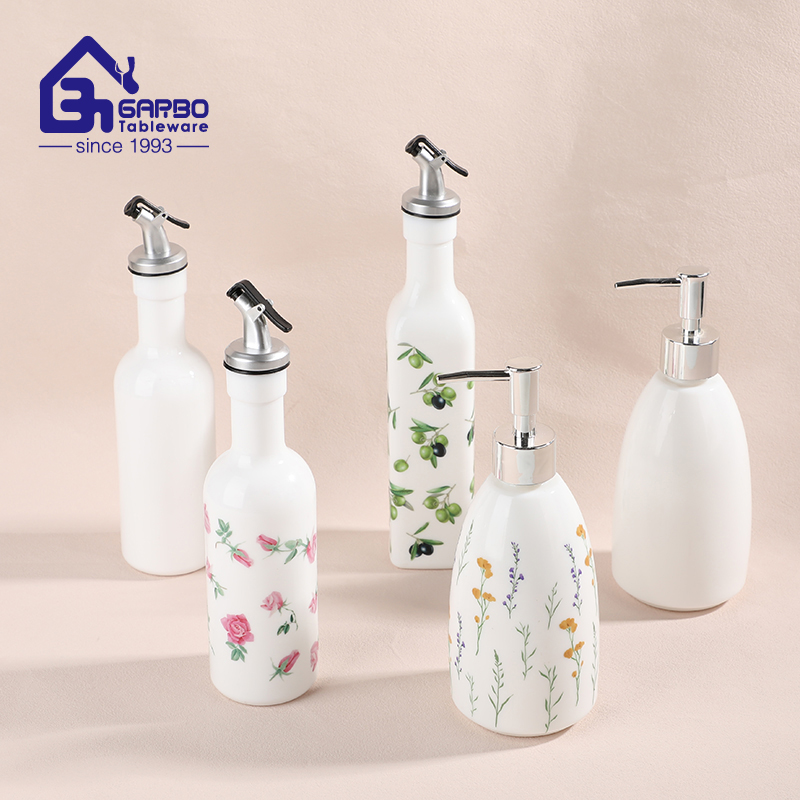 Custom Floral Print White Opal Oil Dispenser with Stainless Steel Spout Kitchen Cooking Oil Vinegar Storage Bottle Hand Wash Soap Dispenser for Bathroom