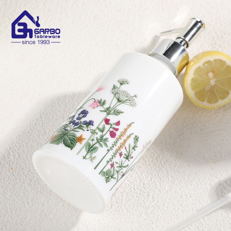 Custom Floral Print White Opal Oil Dispenser with Stainless Steel Spout Kitchen Cooking Oil Vinegar Storage Bottle Hand Wash Soap Dispenser for Bathroom