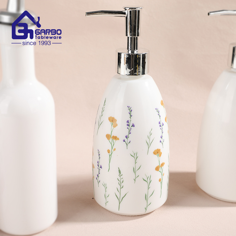 Custom Floral Print White Opal Oil Dispenser with Stainless Steel Spout Kitchen Cooking Oil Vinegar Storage Bottle Hand Wash Soap Dispenser for Bathroom