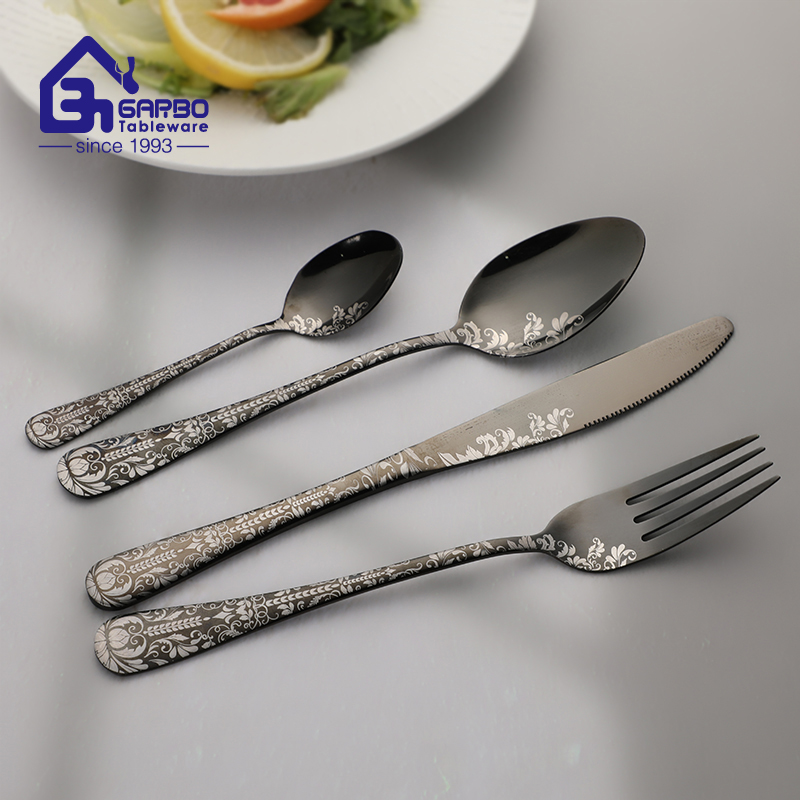 Bulk price 410ss black stainless steel cutlery set with laser pattern