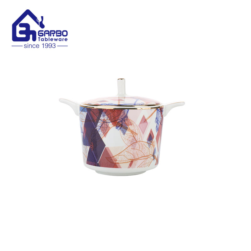 New bone china candy pot with lid and handle decal print ceramic sugar jar