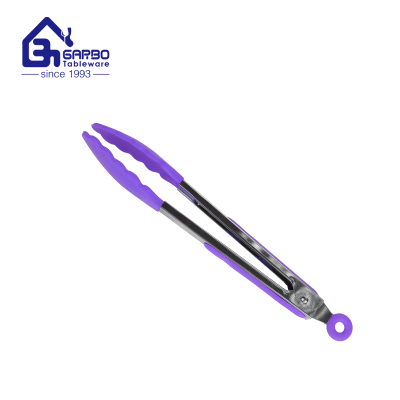 China Factory 430 Pinzas de cocina de acero inoxidable para cocinar con puntas de silicona púrpura