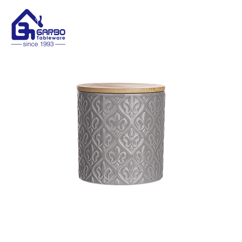 Frasco de armazenamento de cerâmica cinza em relevo de 500ml com tampa de bambu