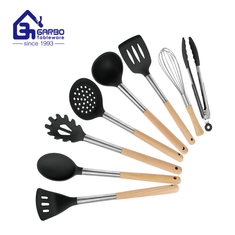 Conjunto de 8 peças de ferramentas de cozinha de silicone com tampa de bambu
