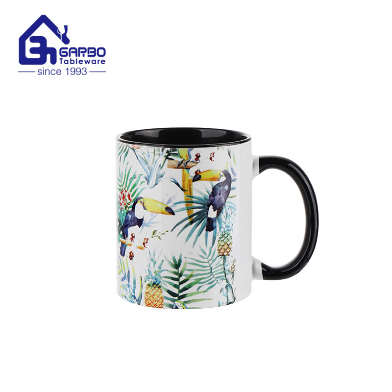 Restaurant supplies 350ml vivid bird decal ceramic mug with black rim for tea coffee