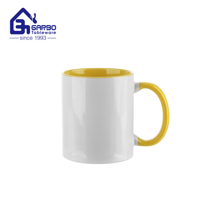350ml stoneware mug with inner and handle yellow color glazed 