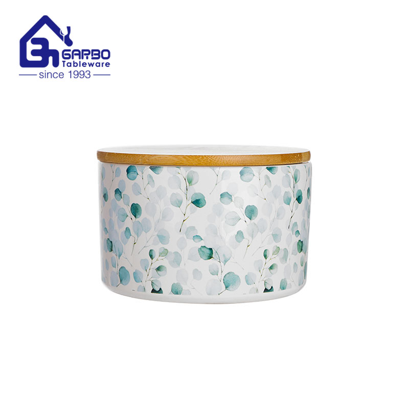 Frasco de armazenamento de cerâmica com estampa de decalque curto redondo com tampa de bambu conjunto de potes de comida de porcelana