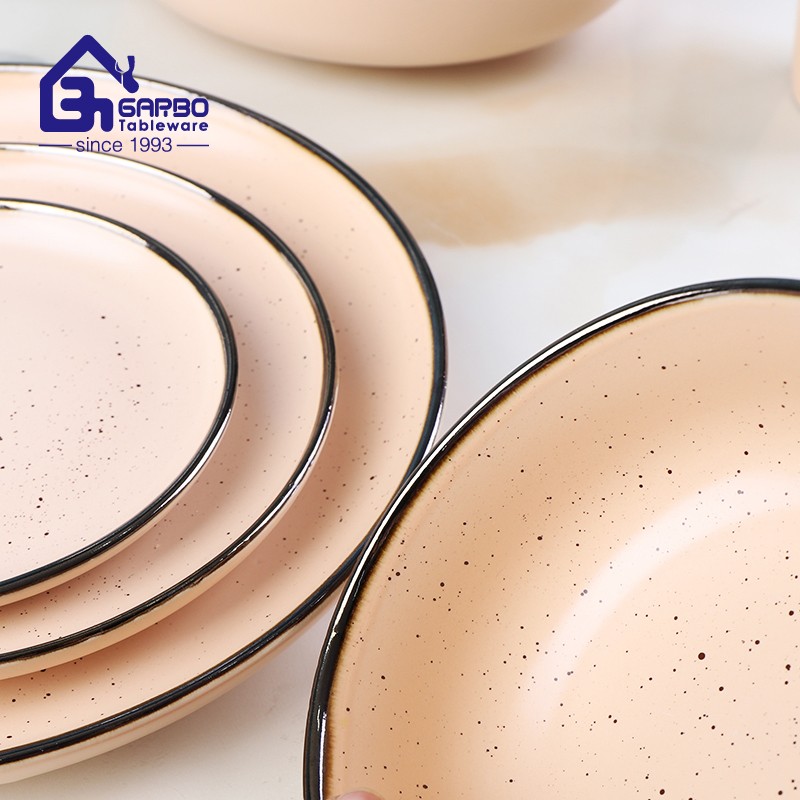 Bombón beiger plato de cerámica plano redondo de 10.7 pulgadas plato de gres