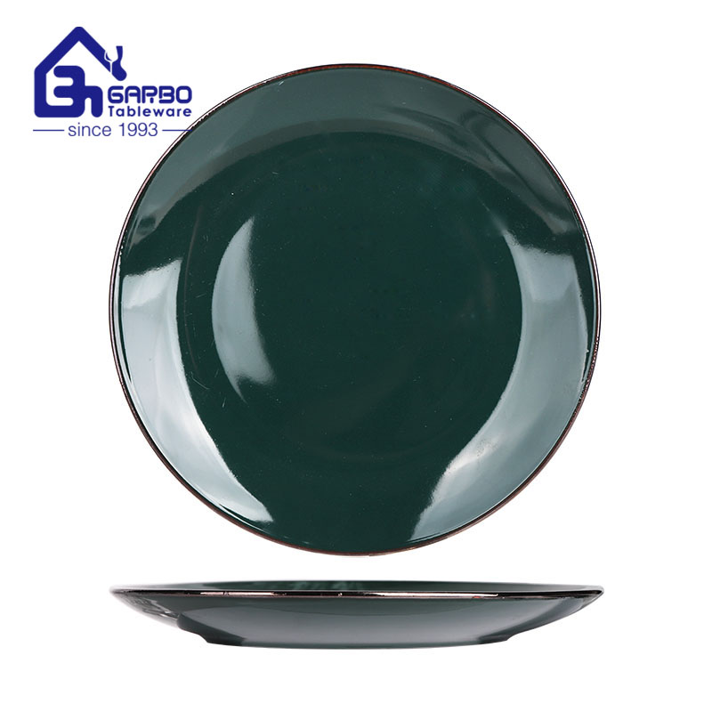 Wholesale color glazed dark green 10.5 inch serving plate ceramic stoneware