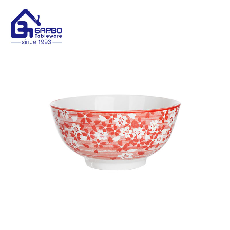 Wholesale tableware Porcelain rice bowl with cherry design 6 inches ceramic soup bowl