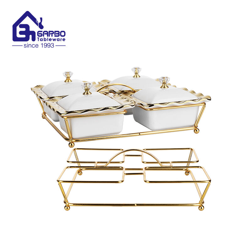 Electroplating square shape porcelain casserole with iron holder