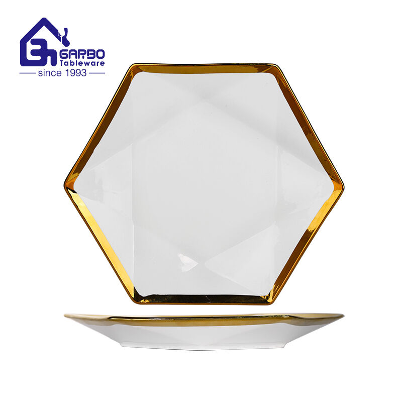 11.4 inch hexagon porcelain plate with gold rim electroplating 
