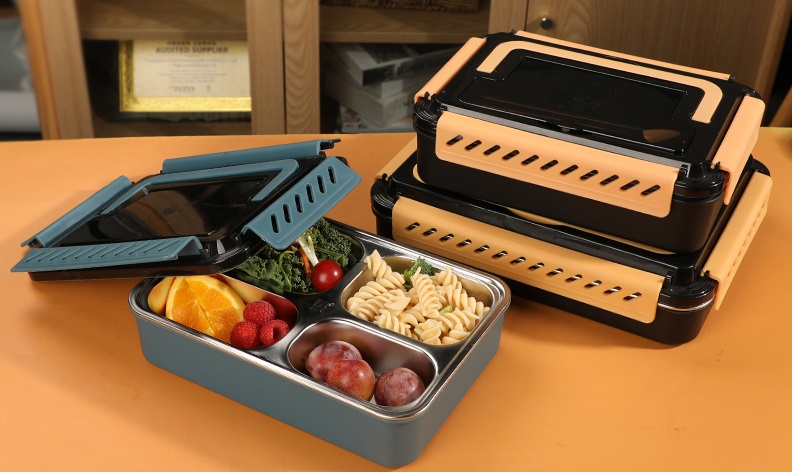 304 Stainless Steel Portable Lunch Box with 5 Dividers and PP plastic Outside Holder for Office and Outdoor