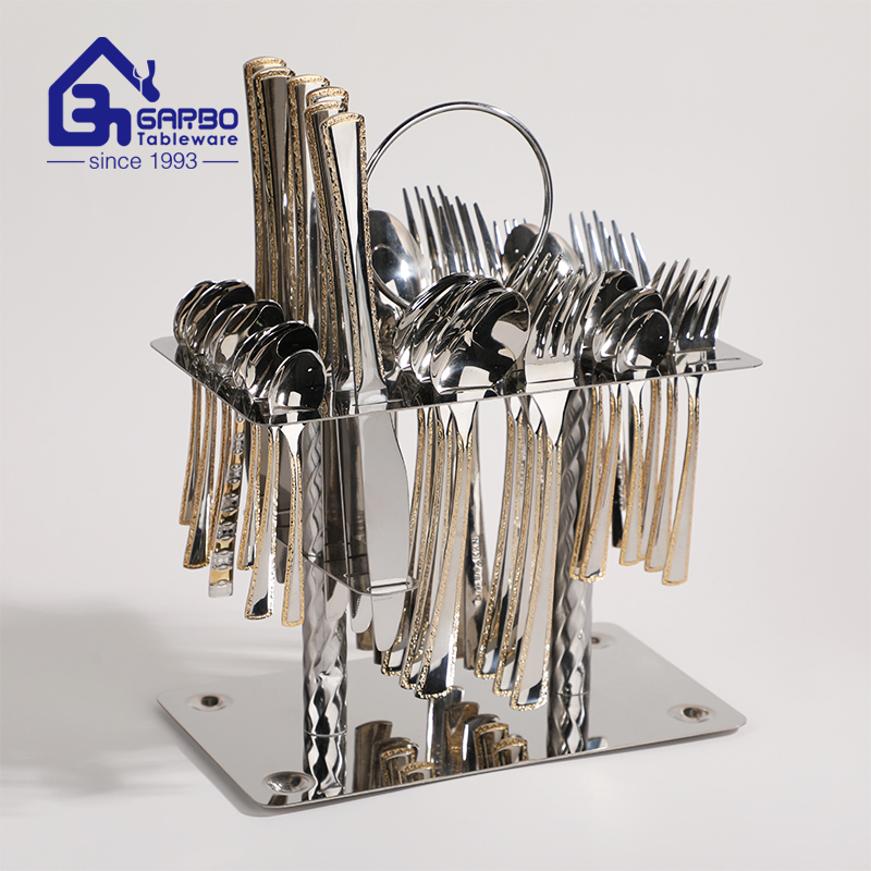 Gold Plated Handle Cutlery Set with Iron Holder Luxury Wedding Flatware Gold Plated Handle Cutlery Set with Iron Holder Luxury Wedding Flatware