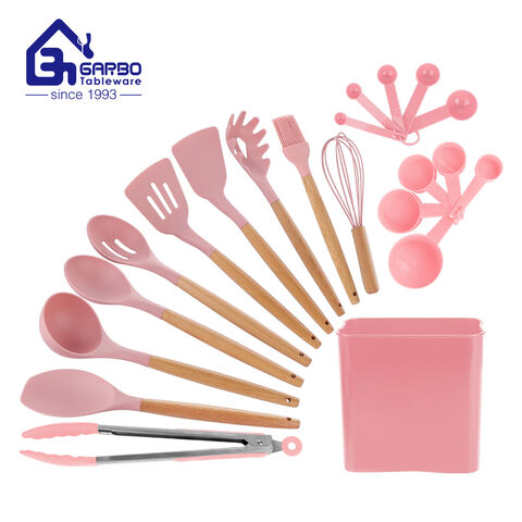 Conjuntos de utensílios de cozinha de silicone resistente Hest com tampa de bambu