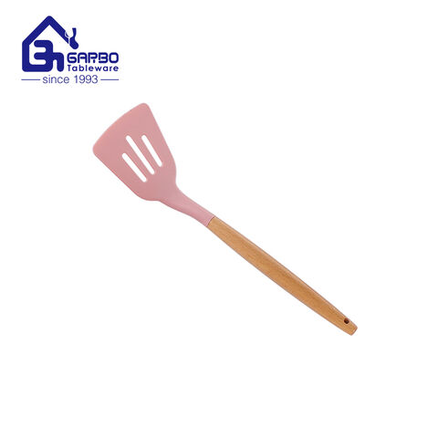 High quality pink color bamboo handle silicone soup ladle