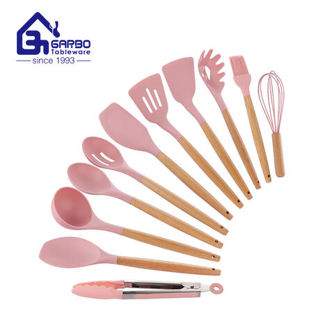 High quality pink color bamboo handle silicone soup ladle