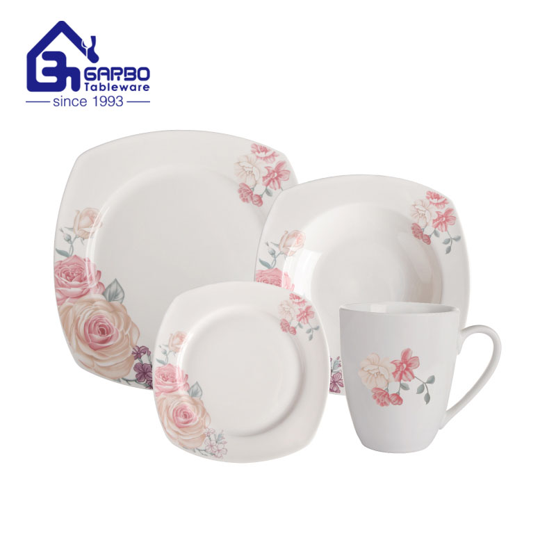 Conjunto de jantar de cerâmica de 16 peças, tigela de arroz e caneca de café com decalque de flores