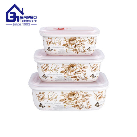 Conjunto de lancheira de cerâmica de três peças com tampas de anel de silicone conjuntos de recipientes de comida de porcelana.