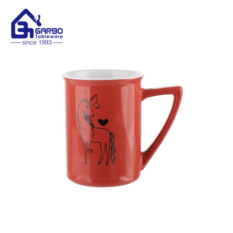 Microwave safe Unicorn design Porcelain Water Cup 380ml Milk Coffee Mug with handle red color 