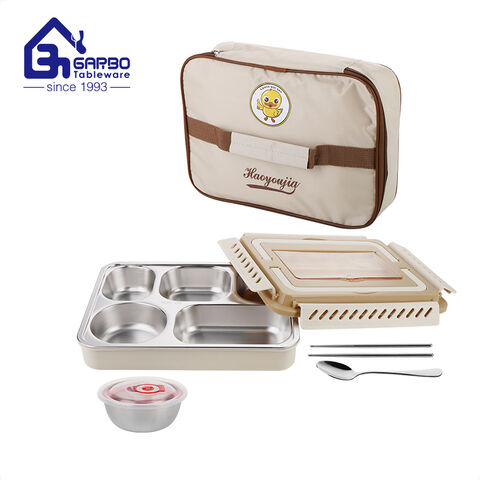 Recipiente de almacenamiento de alimentos de acero inoxidable portátil Bento Box de 4 rejillas de color gris para adultos