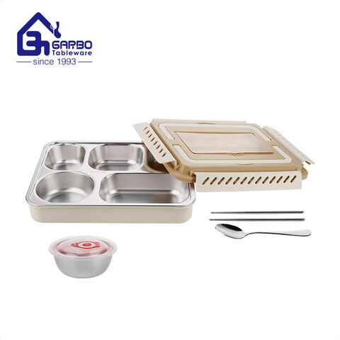 Recipiente de almacenamiento de alimentos de acero inoxidable portátil Bento Box de 4 rejillas de color gris para adultos