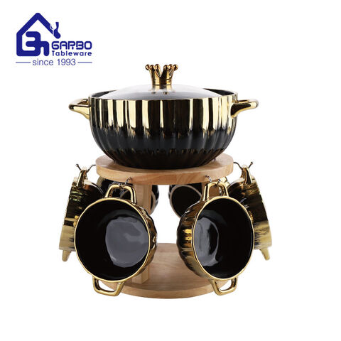 Juego de tazones de cena de cerámica negra y dorada con soporte de bambú, tazones de sopa de porcelana chapada en iones